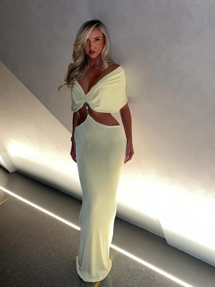 Elegant V Neck Pleating Yellow Maxi Dress For Women Fashion Cut Out Slim Fit High Waist Robes Summer Holiday Beach Dresses 250324