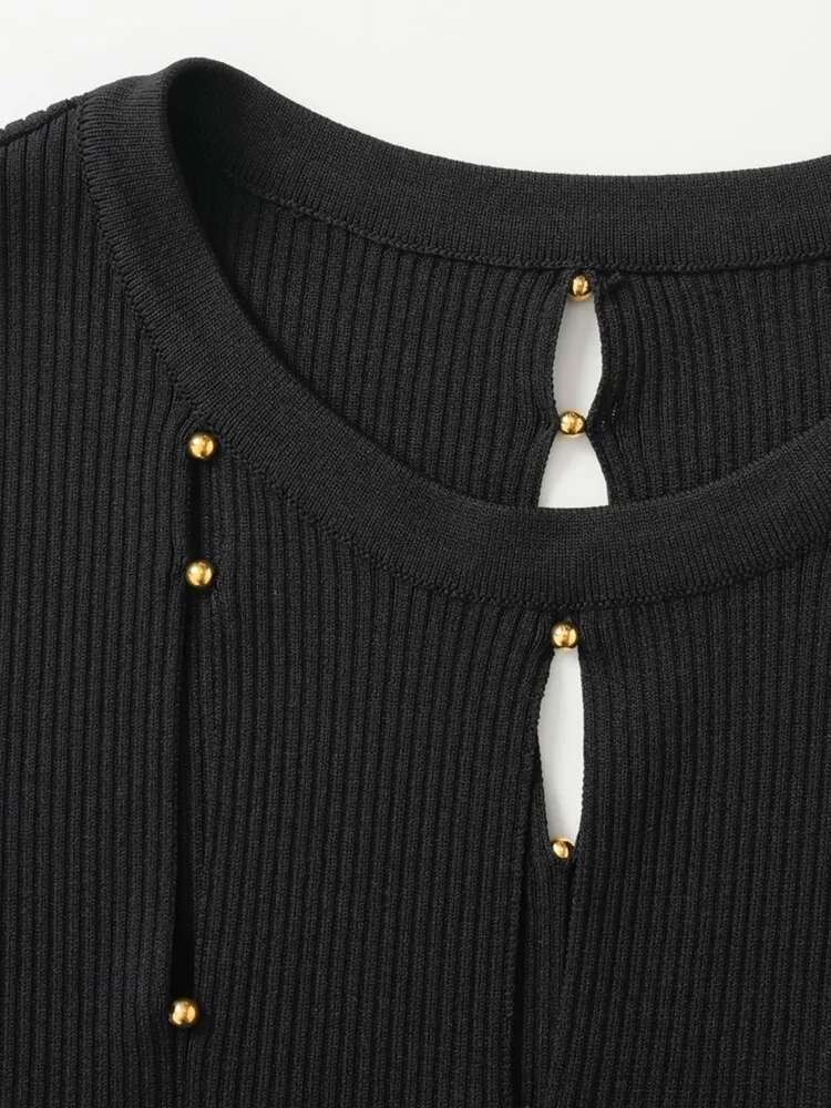 French Hollowed Out Split Stripe Spring/Summer New Women's Tassel Edge Gold Bead Waistband Sleeveless Slimming Dress