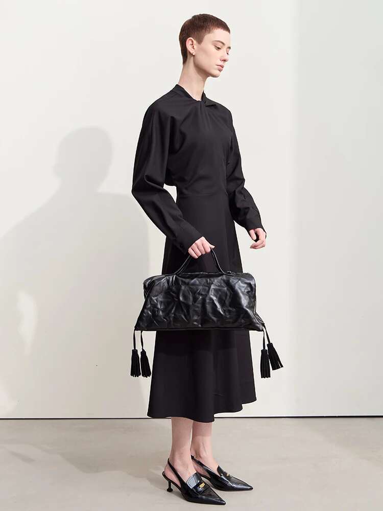 Amii Minimalism 2024 Autumn New Dresses Stand Collar Twist Pleat Waist Long-sleeve Office Lady Dress for Women 12453014