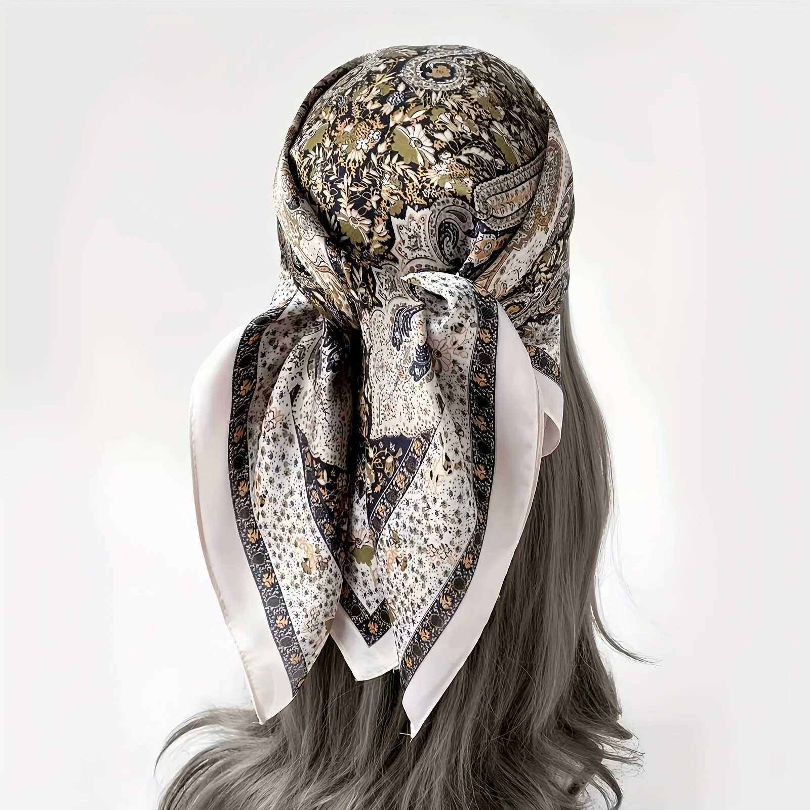 Elegant satin square scarf with vintage Paisley floral pattern and soft silk neck scarf with shawl for womens hair X250324