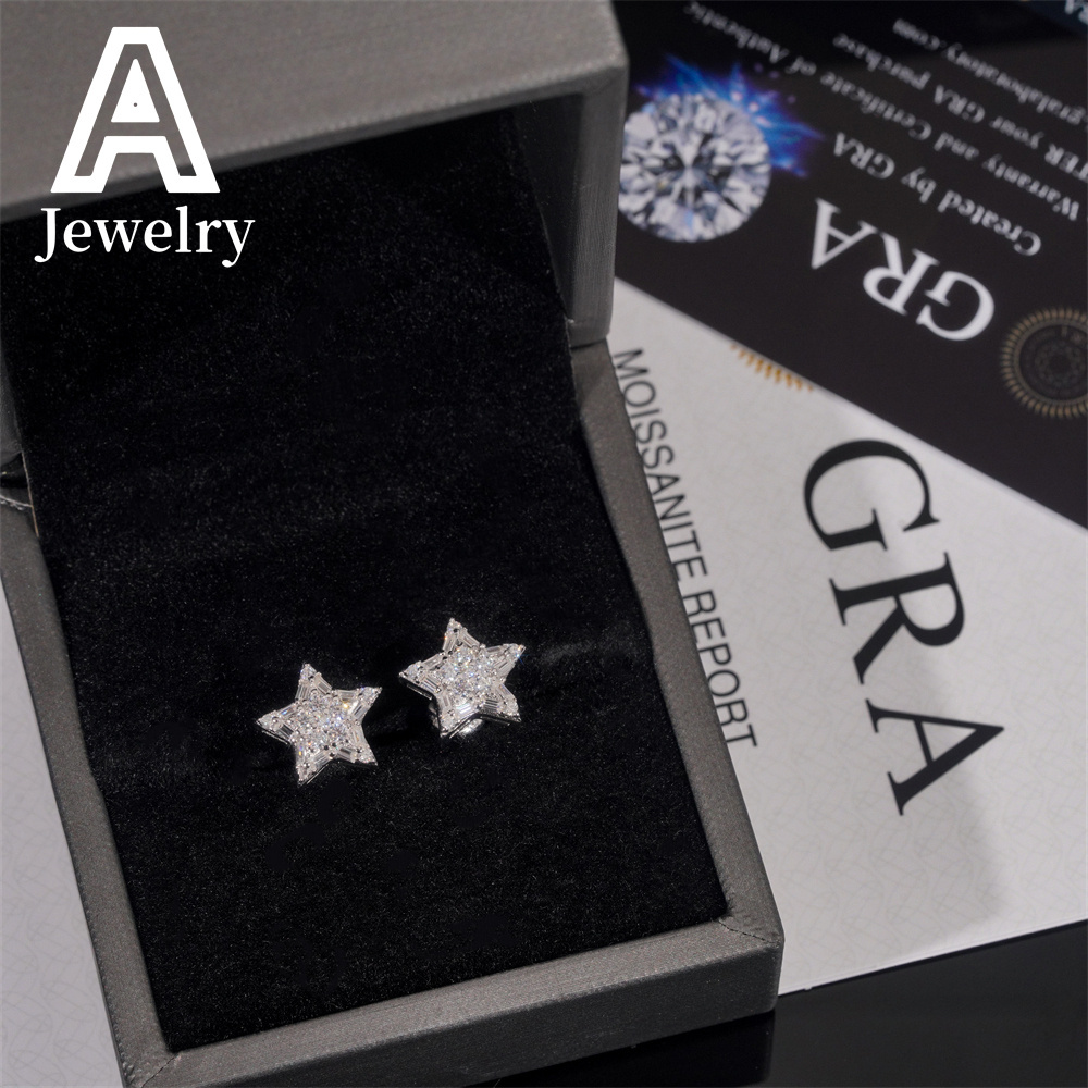 Fine jewelry Hip Hop Jewelry Pass Diamond Tester Star Shape Baguette 925 Sterling Silver Moissanite Stud Earrings