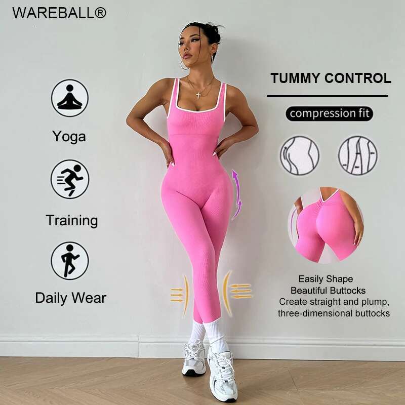 WAREBALL Sport Studio Women Seamless Yoga With Deep V Back Sleeveless Fashion Full Jumpsuit Sports Casual Daily Wear