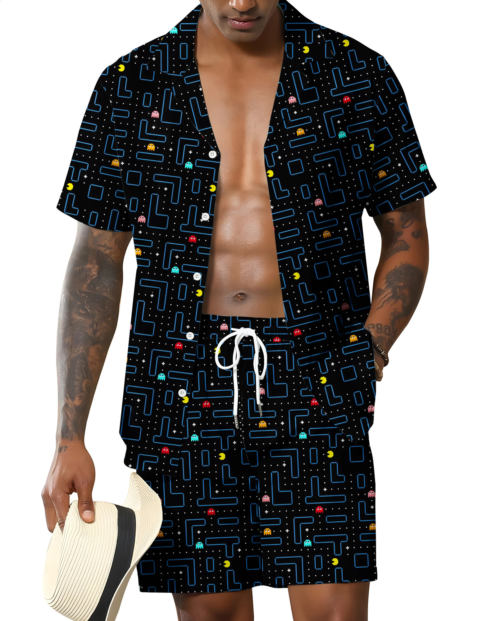 mens casual suit for summer Thin and skin friendly short sleeved shorts Game track pattern non fading clothes 250321