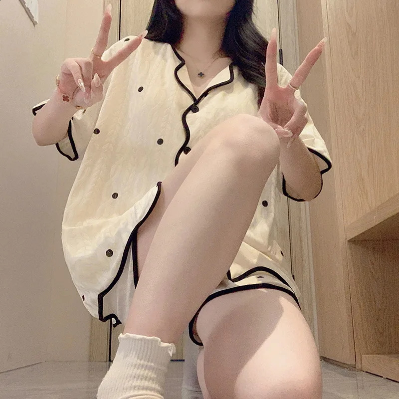 Korean pajama set womens summer casual wear pajama sweet collar Kawaii bear print pajama Japanese family set 250321