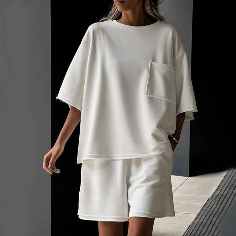 Womens 2 Piece Set Summer Short Sleeve Round Neck Loose T-shirt Top Wide Leg Shorts Suit Two Piece Oversized Outfits 250322