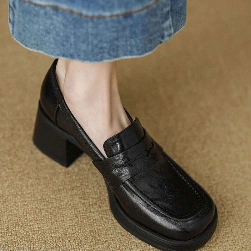 Thick Square with 6 Cm Single Shoe Women's French Sheepskin Loafers Vintage High-heeled Small Leather Shoes