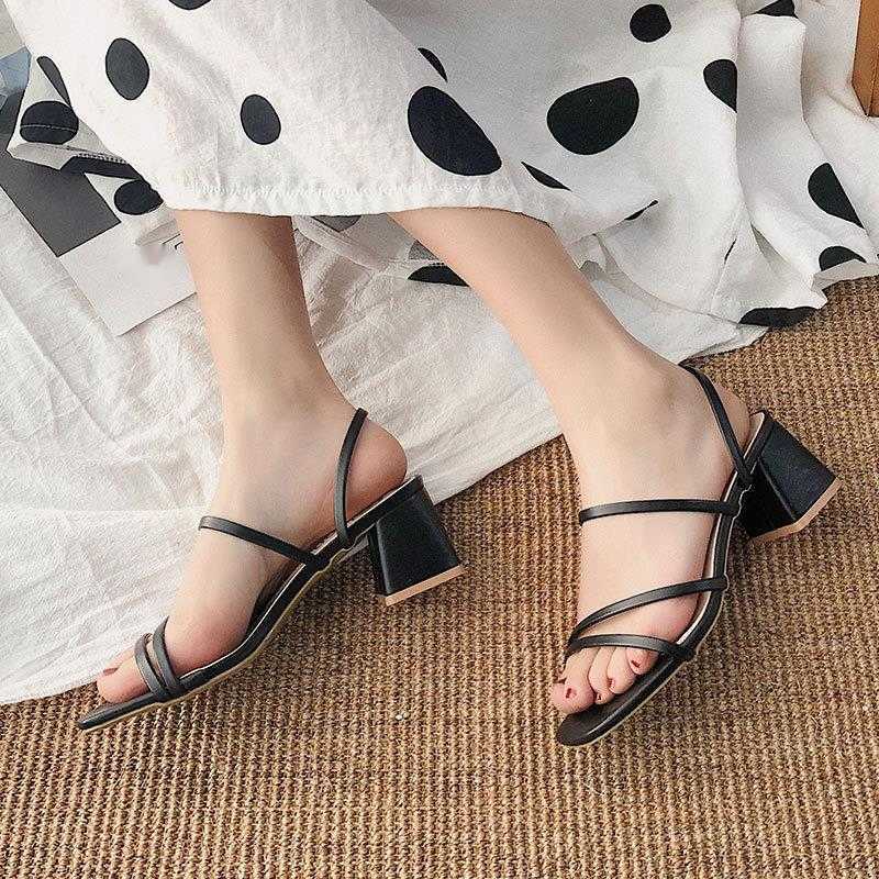 Black Thin Sandals Fairy New Mid Heel Sandals for Women
