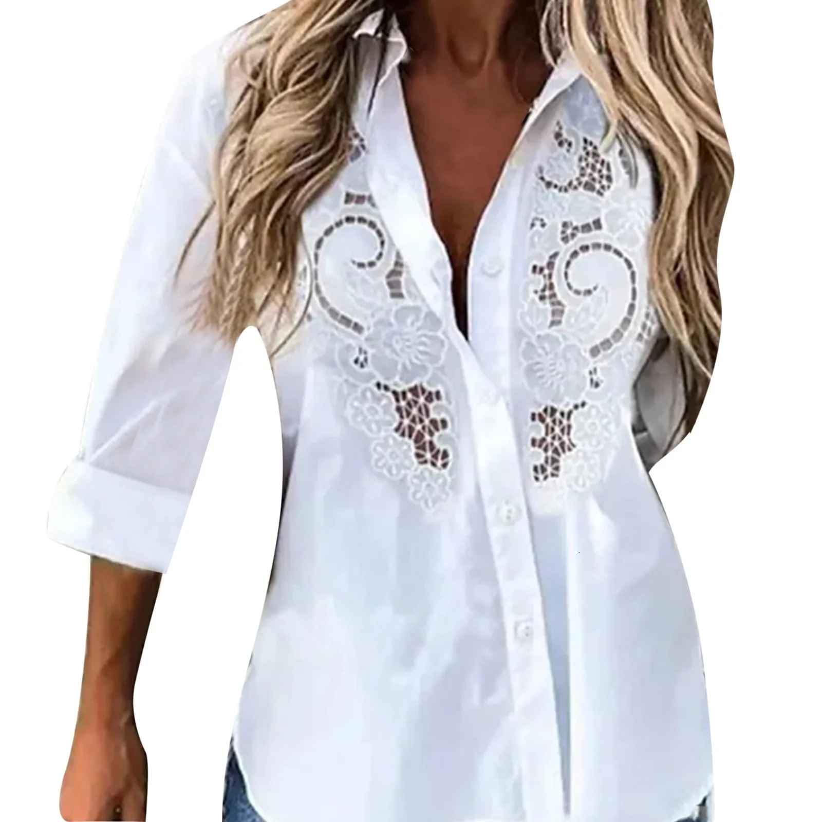 Elegant womens shirt hollow lace white shirt womens autumn long sleeved womens top office womens slim button top 250318
