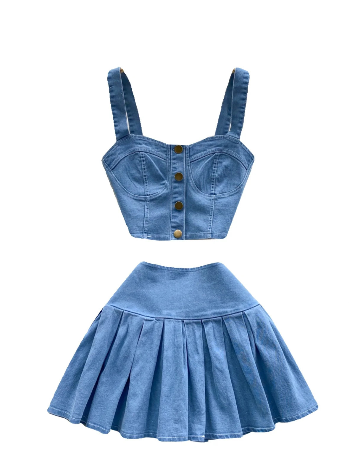 Women Blue Denim Sets Summer Sexy Single Breasted Short Strap Tops And Mini Jean Skirts Suits Ladies Clothes 250324