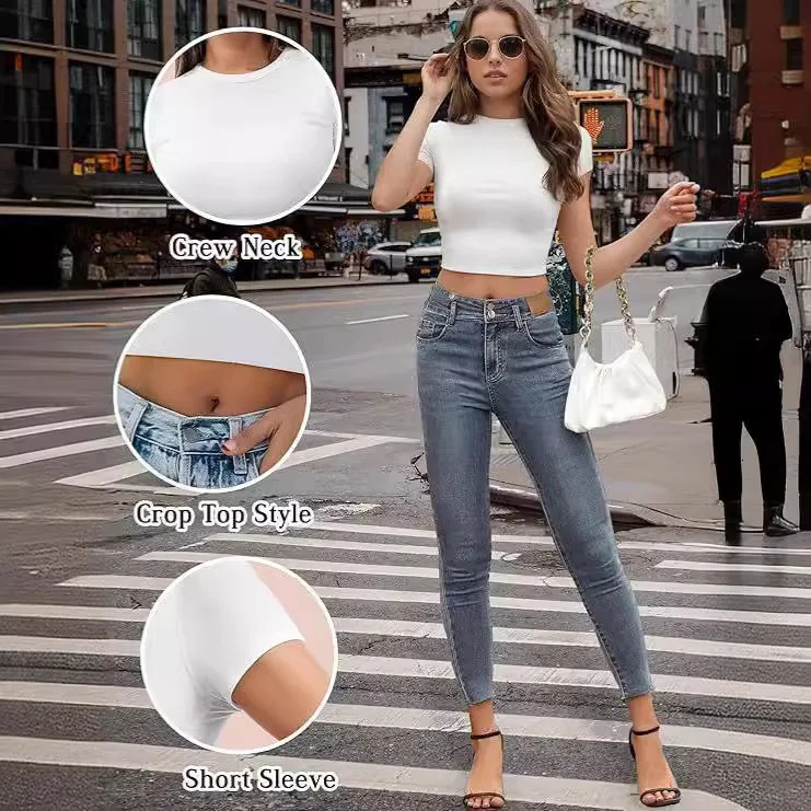 Womens crop top exposed white Tshirt spicy girl summer floral womens thin cut round neck milk silk short sleeved shirt 250324