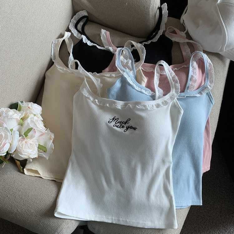 2025 New Sweet And Spicy BM Style Lace Designer Vest Outdoor Black Fungus Edge Blue Strap Vest Beach Sexy Chest Cushion Waist Slimming Bottom Skincare