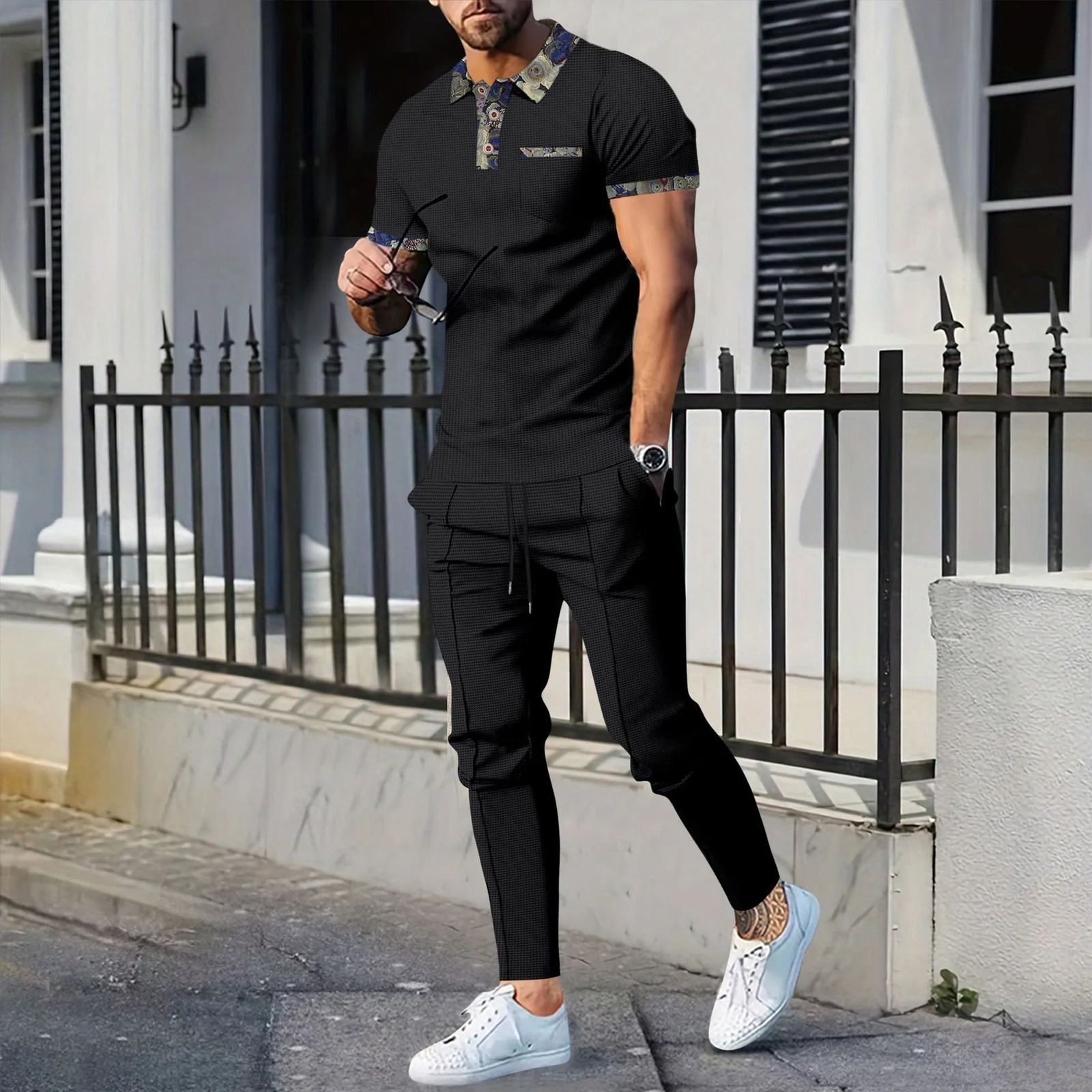 Summer Mens Casual waffle collar color matching pocket short sleeved casual pants set 250324