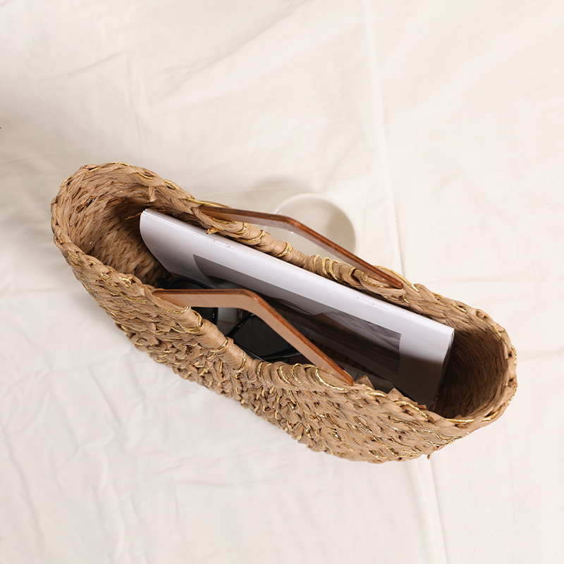 2025S Fashion Designer Diamond Shaped Wooden Semi Circular New Gold Wire Mixed Hand Held Woven Vacation Beach Bag Versatile Women S Bag