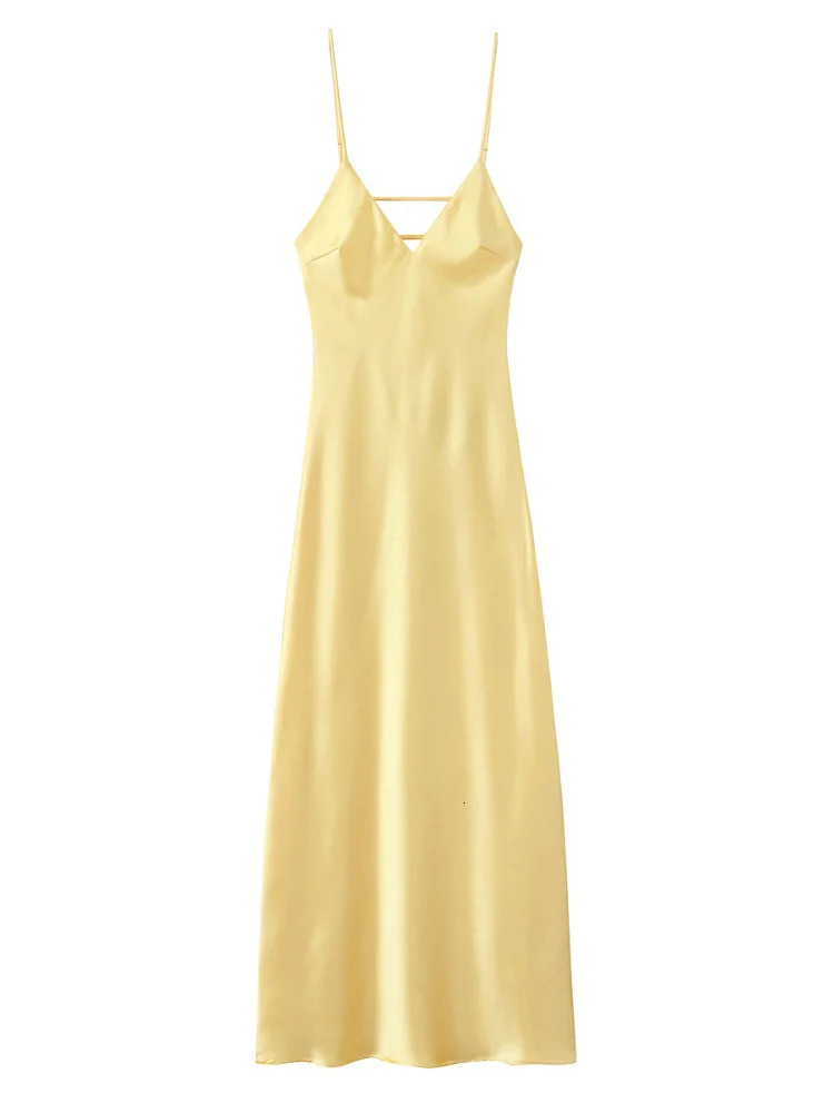 Women Elegant Sling Long Dresses Fashion Yellow Satin Backless V Neck Zipper High Waist Dress Summer Lades Vestidos Para Mujer 250324