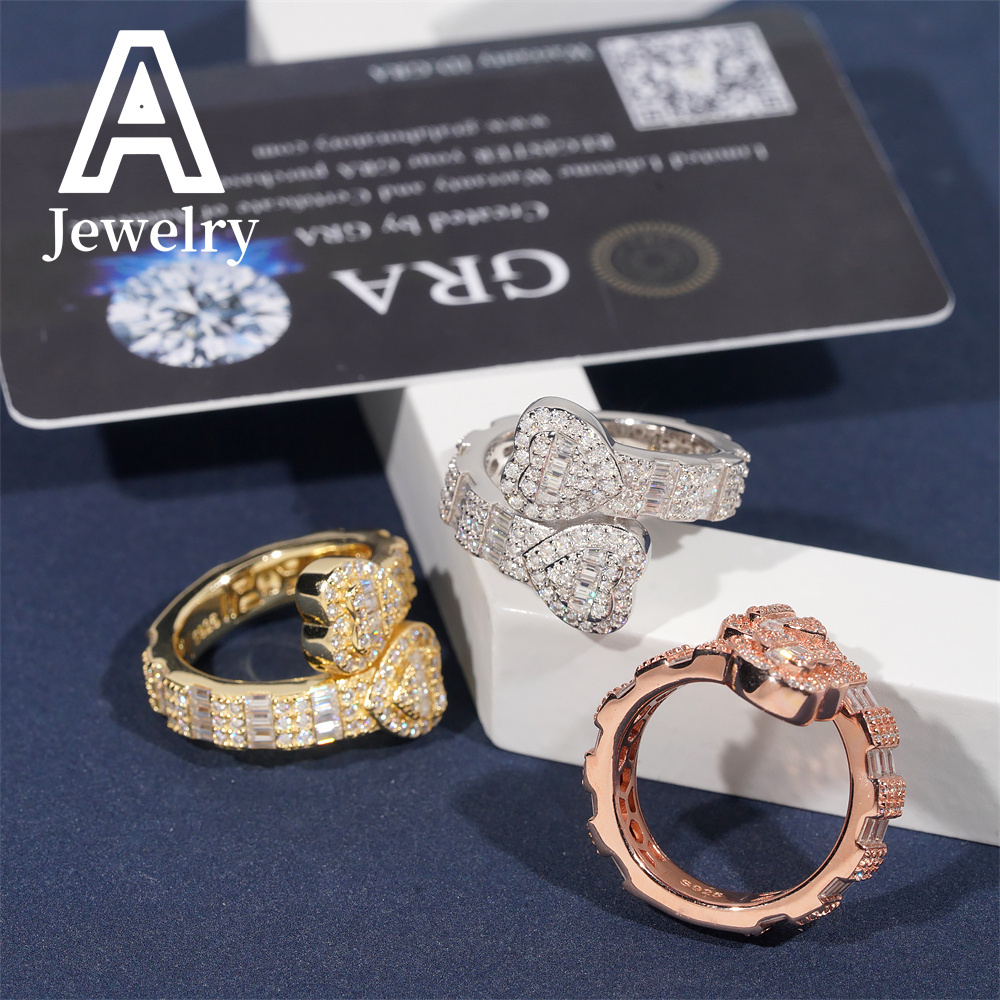 Baguette Double Heart Ring Moissanite Championship Ring sterling silver rings for men hip hop Fine Jewelry Unisex