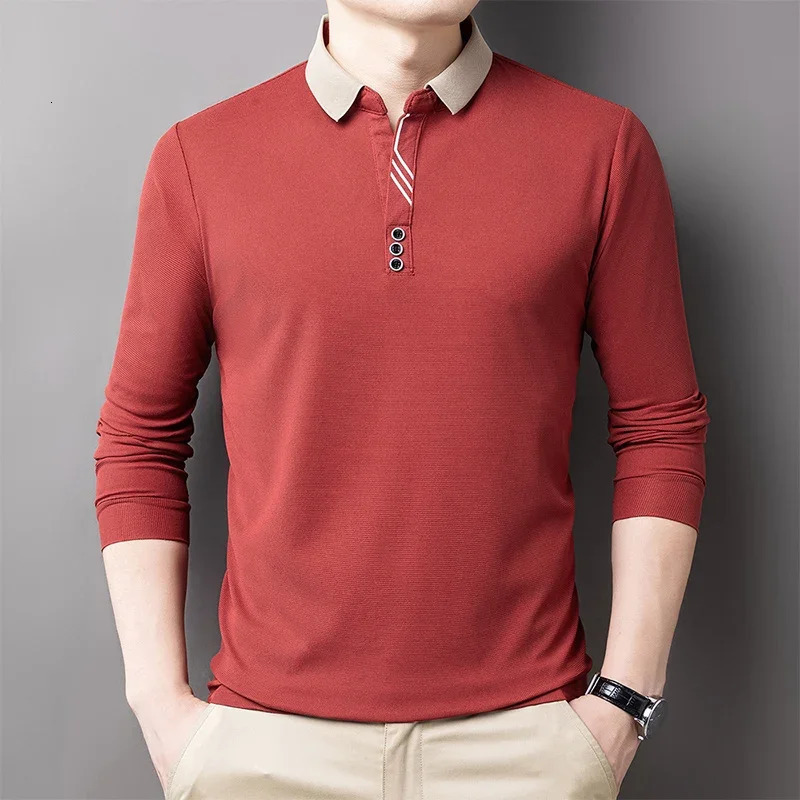 Mens casual striped plain long sleeved polo shirt fashionable solid top 250312