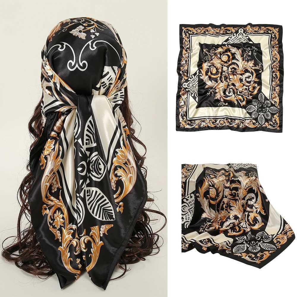 90 * 90cm Square Scarf Silk Ribbon Headscarf Black Printed Tape Packaging Fem Womens Travel Turban 2024 Muslim Headscarf X250324