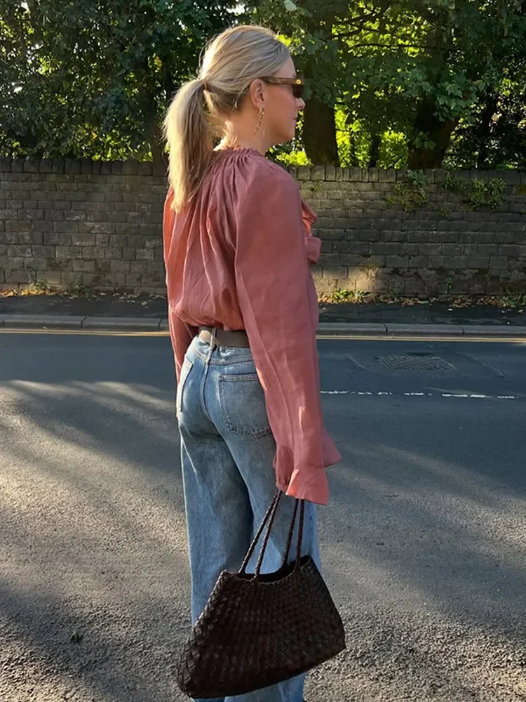 Elegant pleated lace V-neck loose sheer shirt suitable for womens casual solid pleated pullover womens fashionable spring high street top 250322