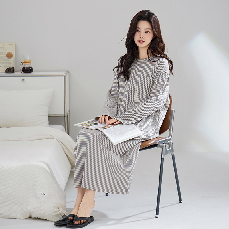 LP115 Striped Summer Cotton Women's Nightdress Long Sleeve Forest Art Floral Home Clothes Thin Breathable Pajamas Spring Dress