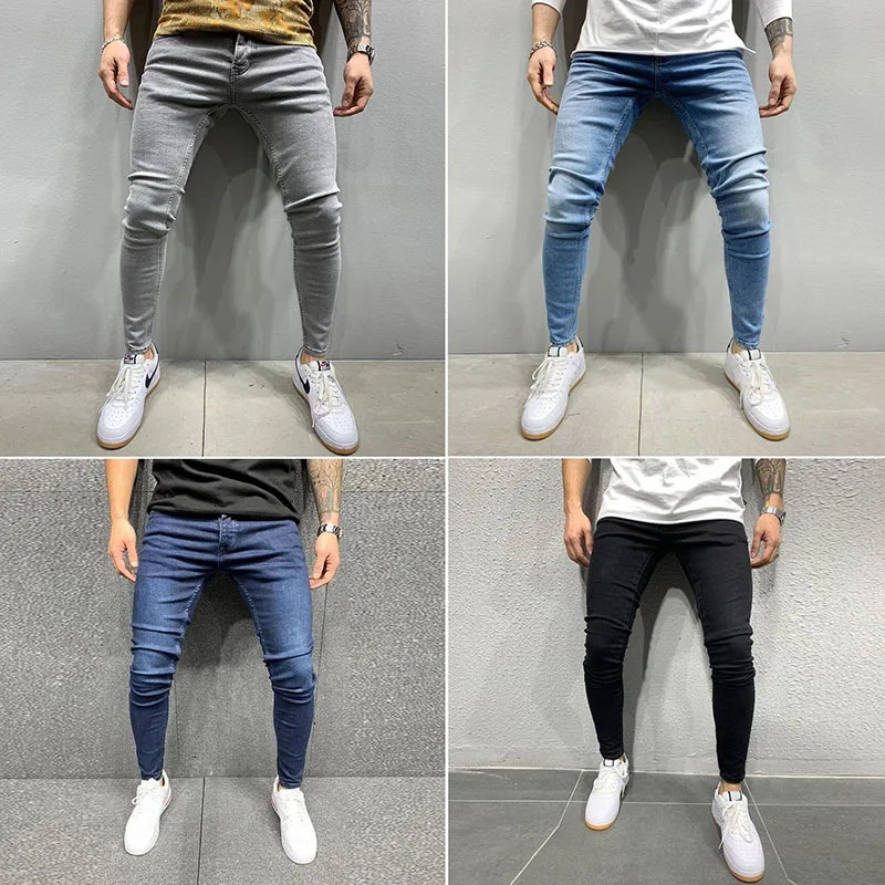 Mens 2024 Stretch No Ripped Pants Streetwear Black Denim Trousers Grey Pure Color Jeans Elastic Waist Skinny 250312
