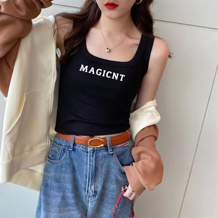 American Style Sports Suspender With Threaded Small Tank For Summer Hot Girls Pure Desire Sleeveless Tight Fit Slimming Effect Wearing On Top And Outs