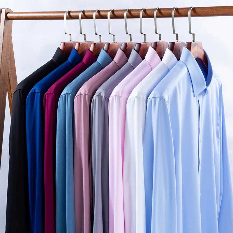 Bamboo fiber wrinkle resistant mens shirt long sleeved dress slim fit Camiza social business shirt white shirt blue S-8XL X250324