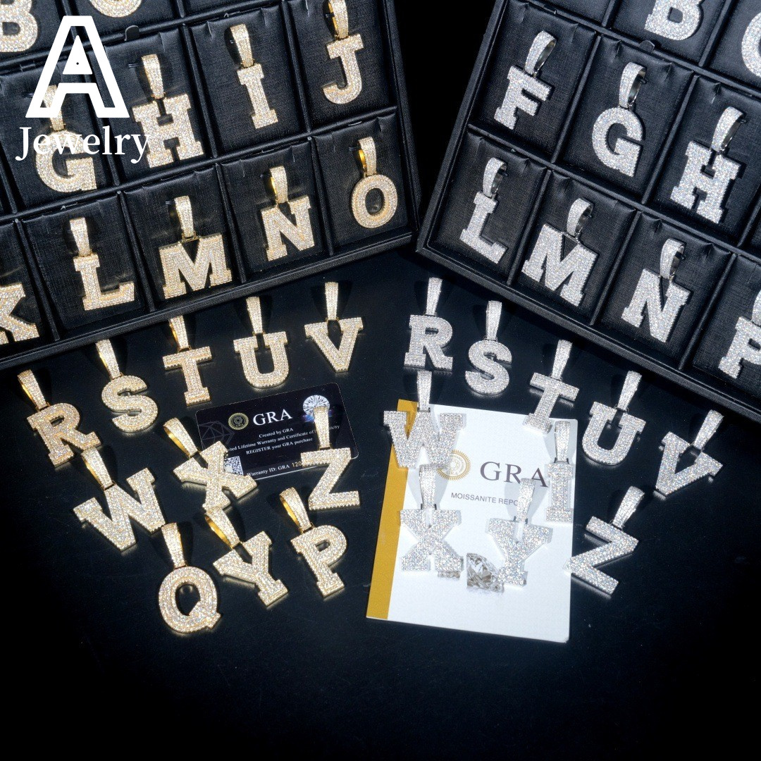 Iced out hip hop fashion jewelry A-Z 26 letter moissanite pendants custom initial pendant 925 silver jewelry