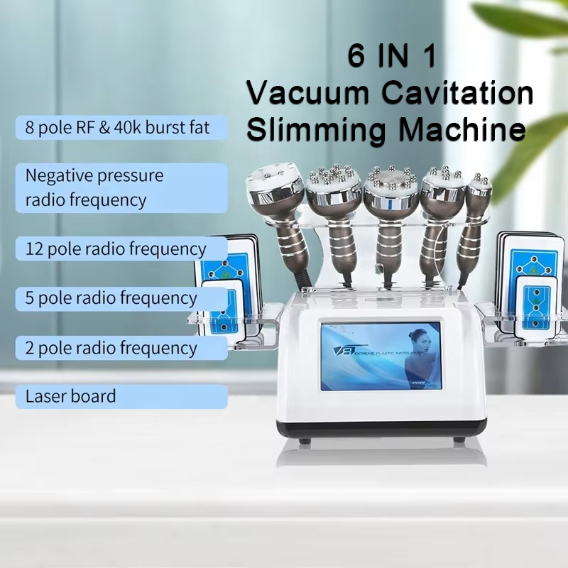 6 in 1 RF 40Khz Cavitation Body Slimming Skin Tightening Face Lifting Machine Cavitation Vacuum System Physiotherapy Dredging Lymph Detox Device