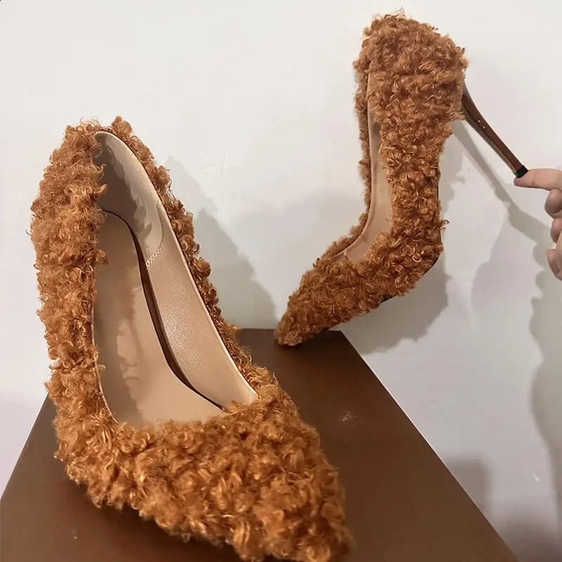 Onlymaker Women Pumps Brown Faux Fur Pointed Toe 10CM Slip-On Thin Heels Party Wedding Office Lady Big Size Shoes 250322