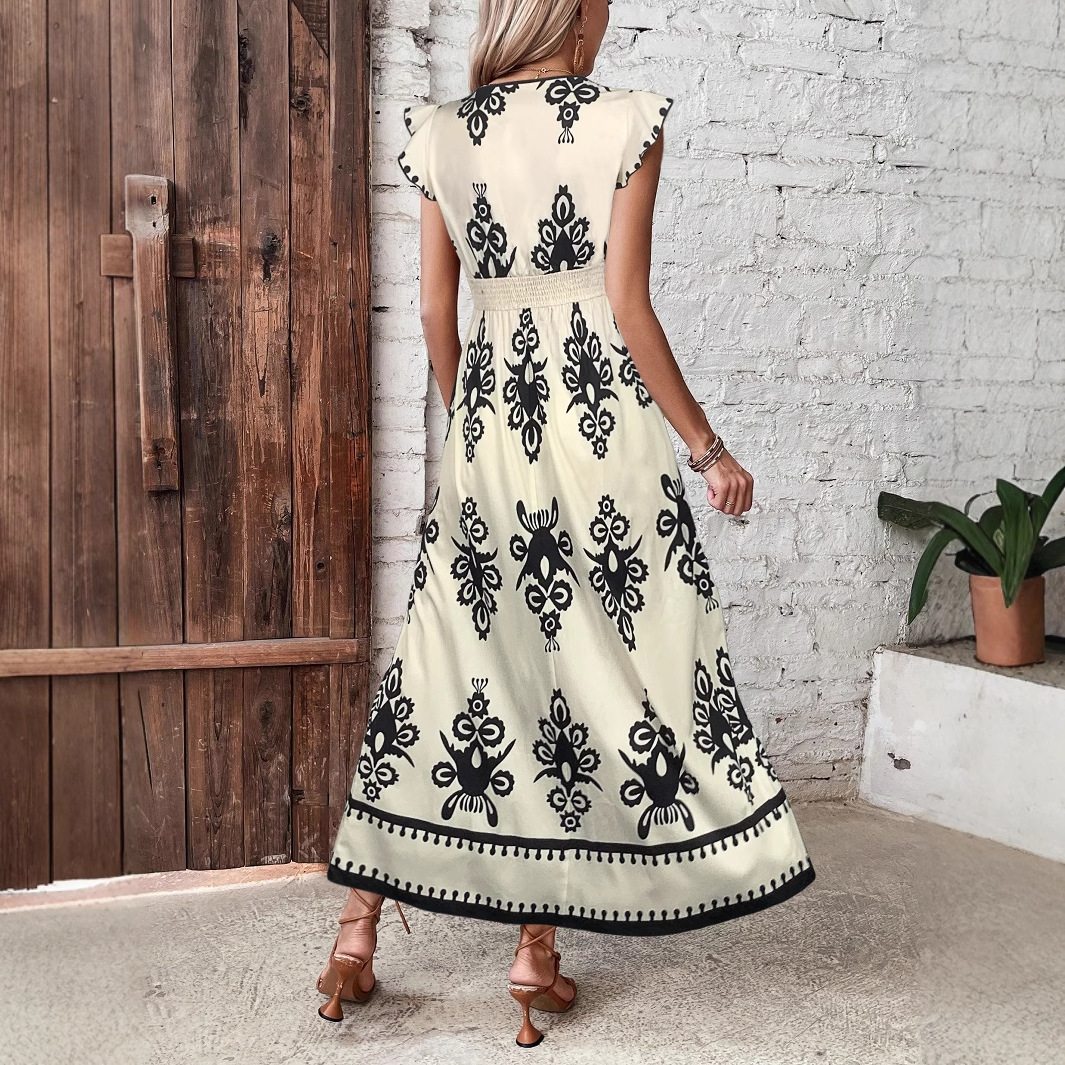 2024 Summer New High Waist Split Long Skirt with Horn Sleeve Printed Dress for Women