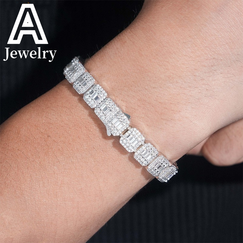 Iced Out Jewelry VVS Moissanite Cuban Bracelet 9MM Baguette Cut Diamond Cuban Link Men Hip Hop Silver Bracelet