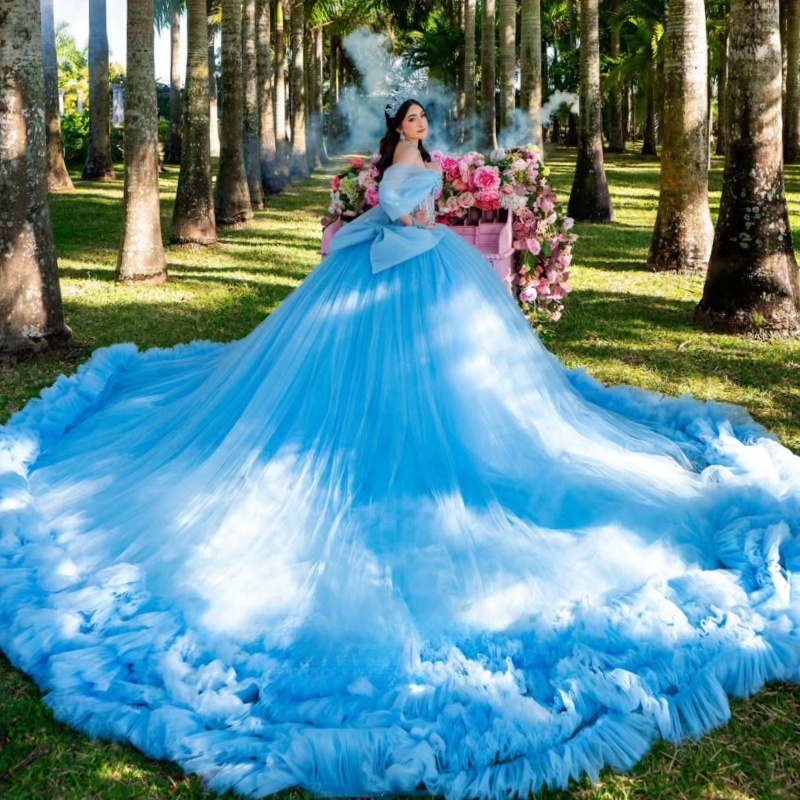 Sky Blue Sweetheart Quinceanera Dresses Off The Shoulder Applique Lace Beads Bow Tiered Tulle Vestidos De 15 Anos Sweet 16 Dress