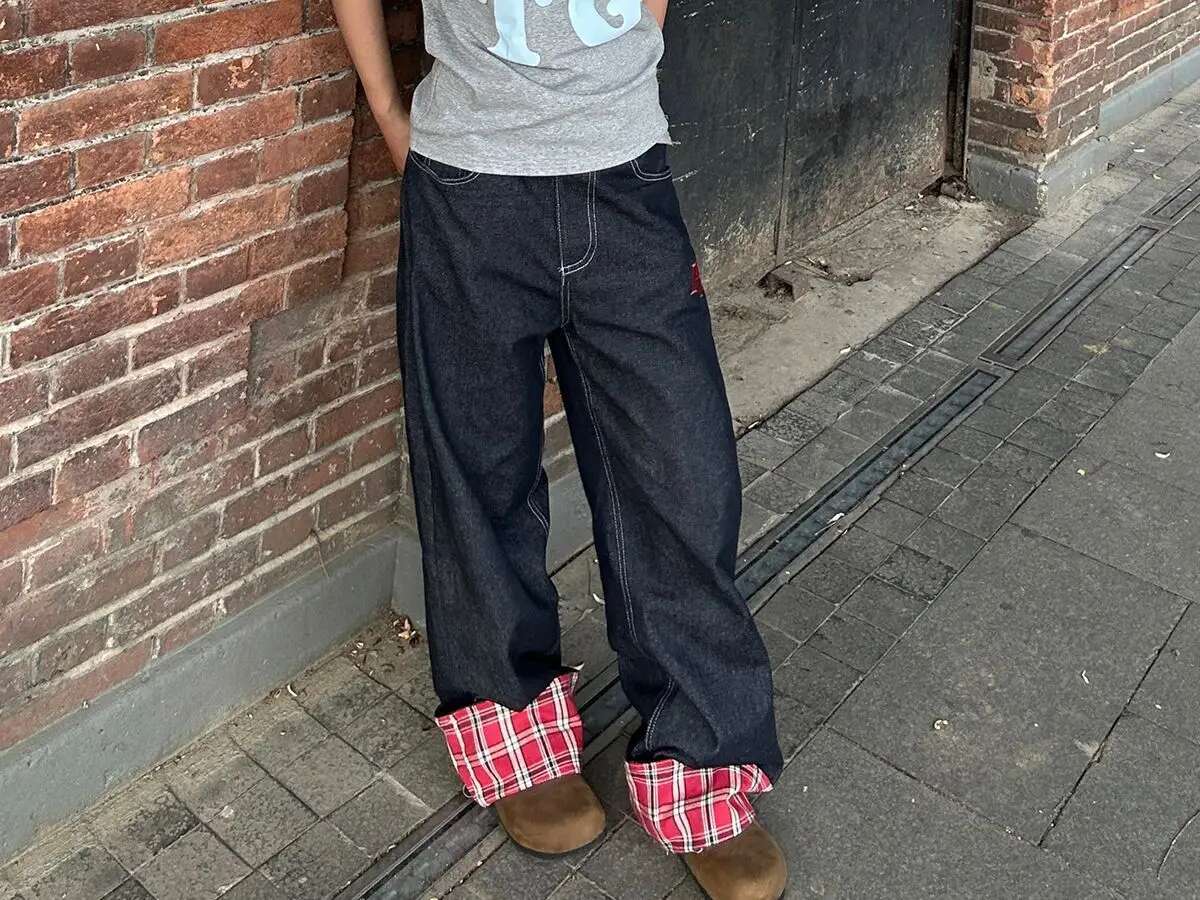 American Retro Plaid Patchwork Rolled Edge Jeans High Street Haruku Loose Wide Straight Leg Men And Women Pants
