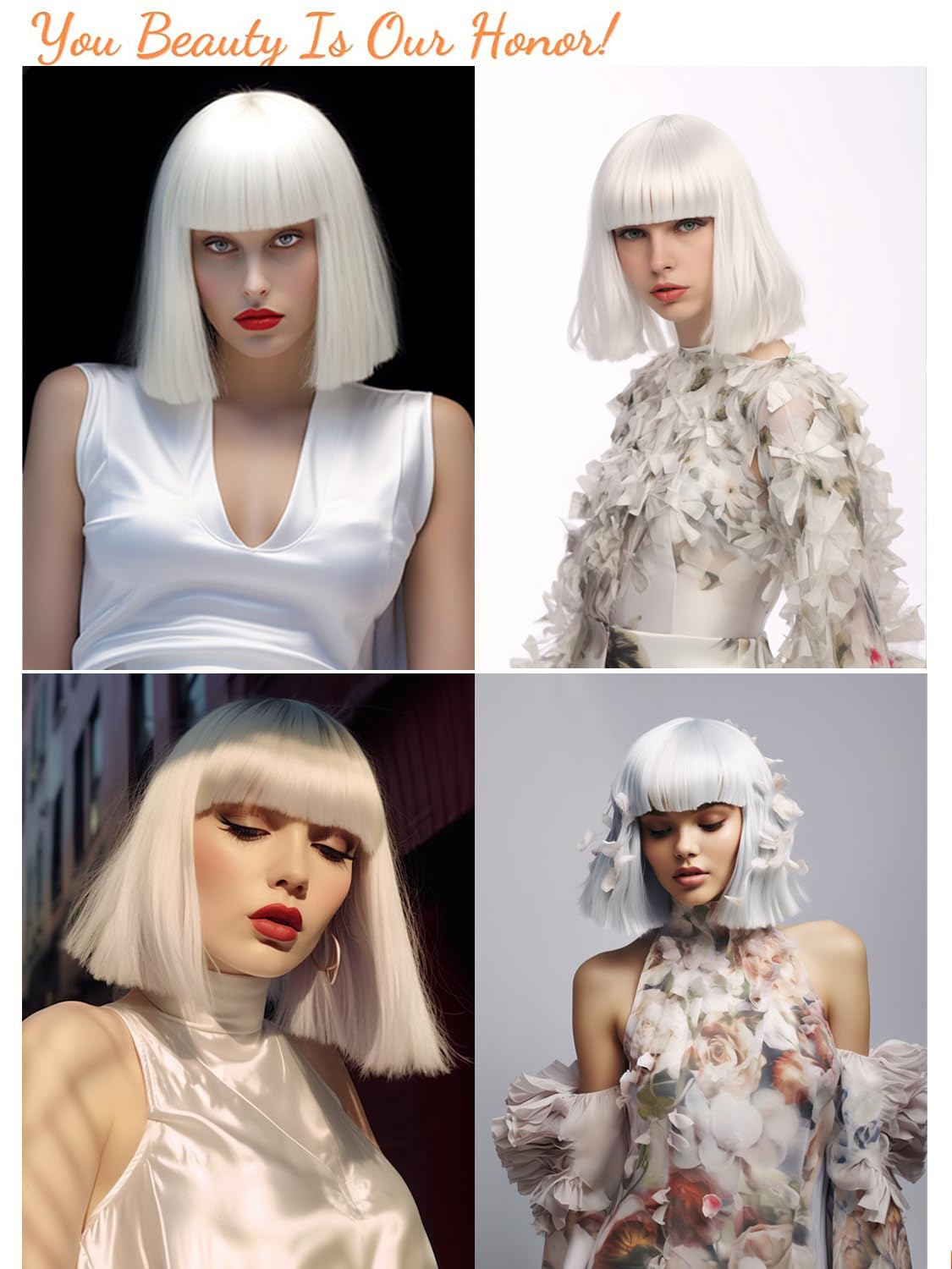 Short White Bob Wigs with Bangs,Short Straight Bob White Wigs for Women Hair Bob Cut Wig Shoulder Length Wig,Natural Looking Cosplay Daily Party Wig H