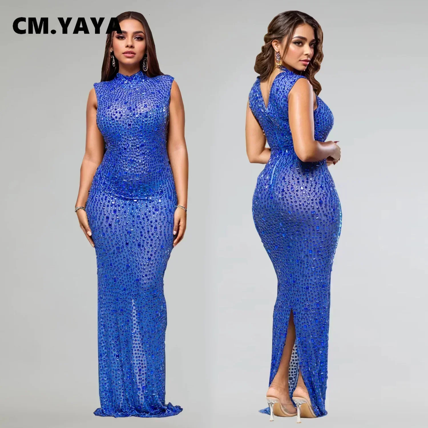 CM.YAYA Fall Diamonds Rhinestones O-neck Women Sleeveless Bodycon Long Dress Birthday Party Evening Prom Maxi Dresses 250322