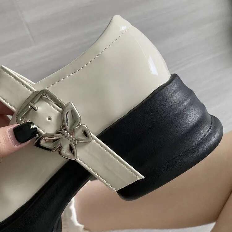 Shoes Woman All-Match Modis British Style Black Flats Oxfords New Cute Preppy Leather Retro PU Mary Janes Rubber Buckle Str