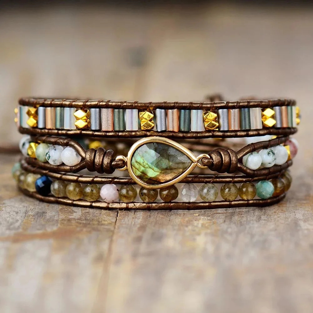 Boho Natural Stone Beads Multilayer Leather Pear Shaped Labradorite Healing Crystal Protection Wrap Bracelet for Women 250318