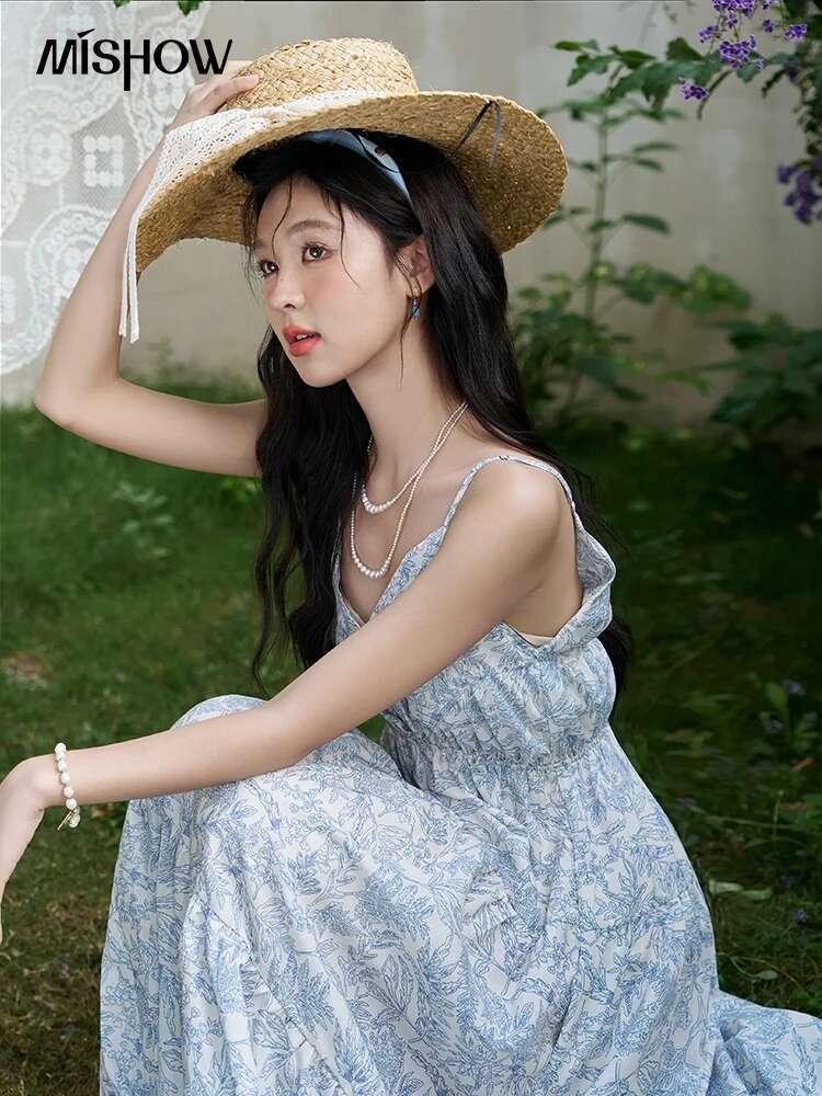 MISHOW V-neck Camisole Summer 2024 French Retro Printing Adjustable Shoulder Straps Back Lace-up Holiday Dress MXD25L1903