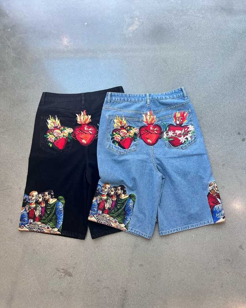 Harajuku retro cartoon print ultra wide long leg pants Gothic wash difficult to wear jeans mens Y2k fashion casual denim shorts womens X250324