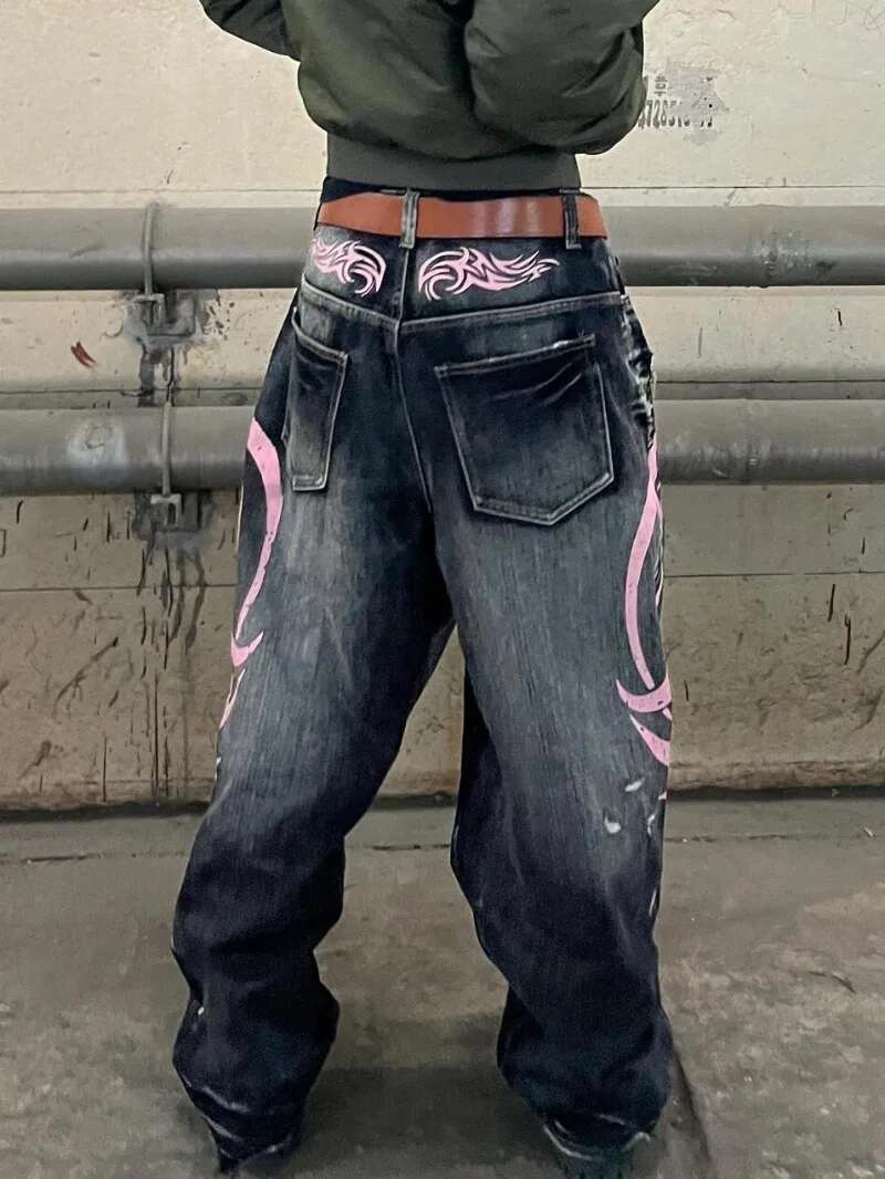 American New Fashion Vintage Plus Size Washed Blade Print Baggy Jeans Ladies Y2k Streetwear Slim High Waist Wide Leg Drop Pants