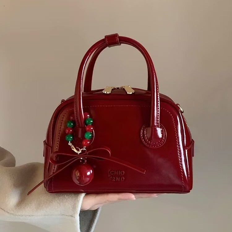 High End Leather Series Christmas Bingo Pillow For Women Red Handheld Crossbody Bag