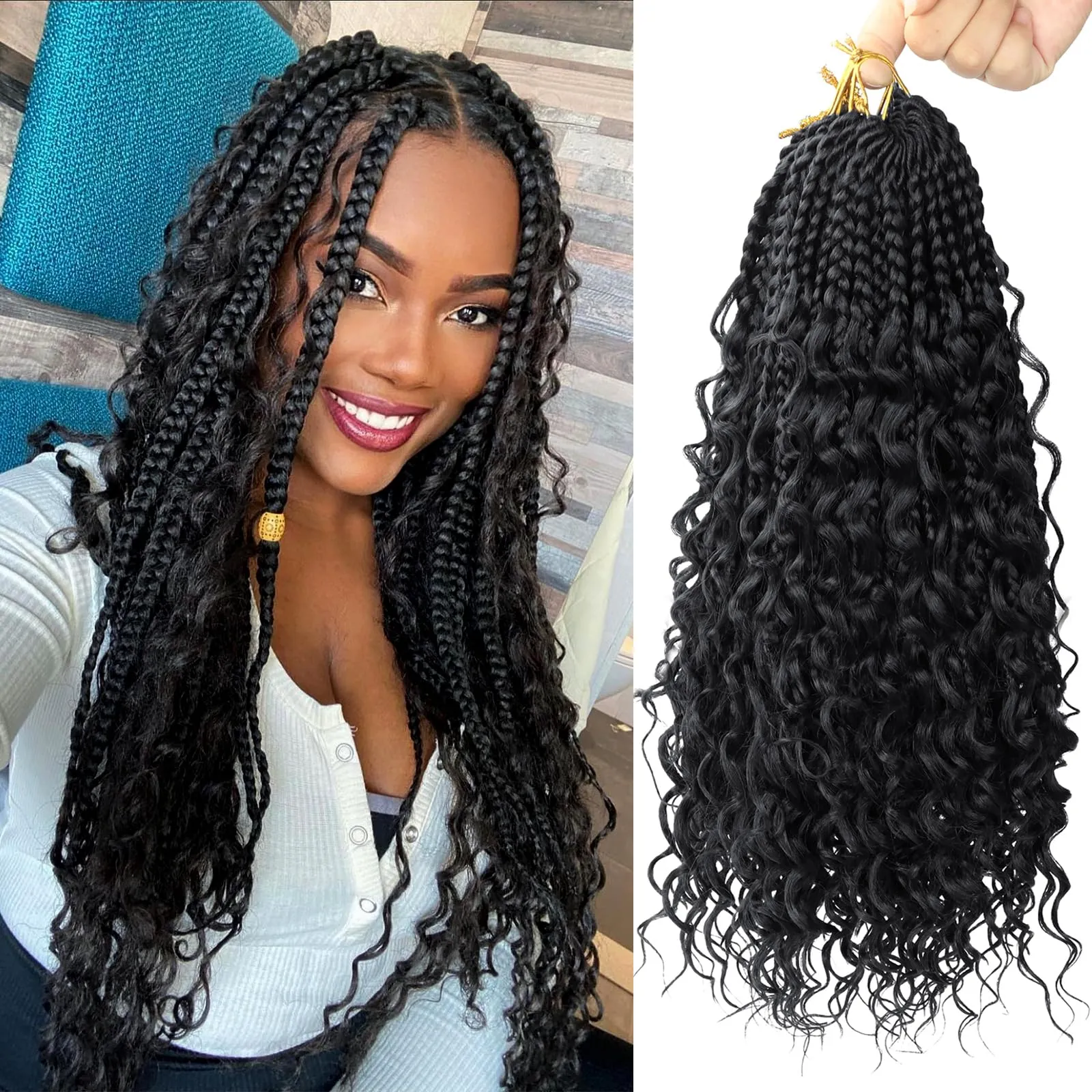Goddess Bohemian Box Braids Crochet Hair - 36 Inch Curly Ends, 6 Packs Synthetic Curly Wave Ends Pre Looped Braiding Hair Extensions For Thin Hair Dai