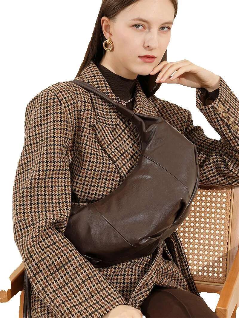 Hifashon Cowhide Genuine Leather Half Moon Shoulder Bags For Women 2025 Designer Crossbody Hobos Crescent Ladies Handbags