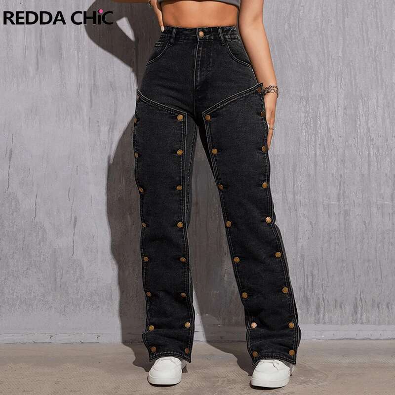 Reddachic Deconstructed Buttons Women Black Jeans Vintage Wash Irregular Low Waist Straight Cargo Pants Hiphop E-Girl Streetwear