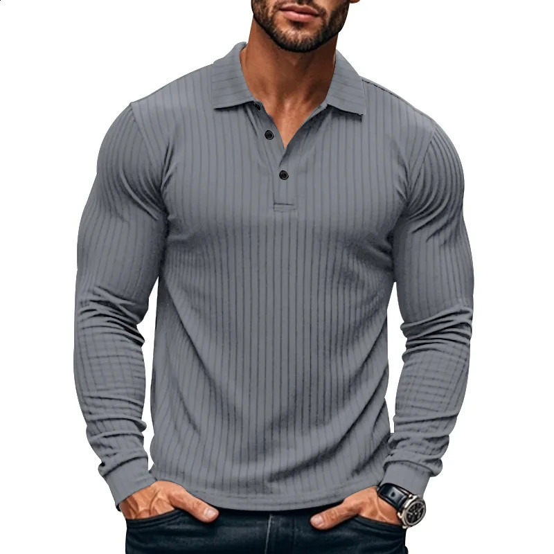 Casual Mens Polo Shirt Solid Color Button Long Sleeve Tshirts Business Tee Fashion Clothing Stretch Breathable 250311