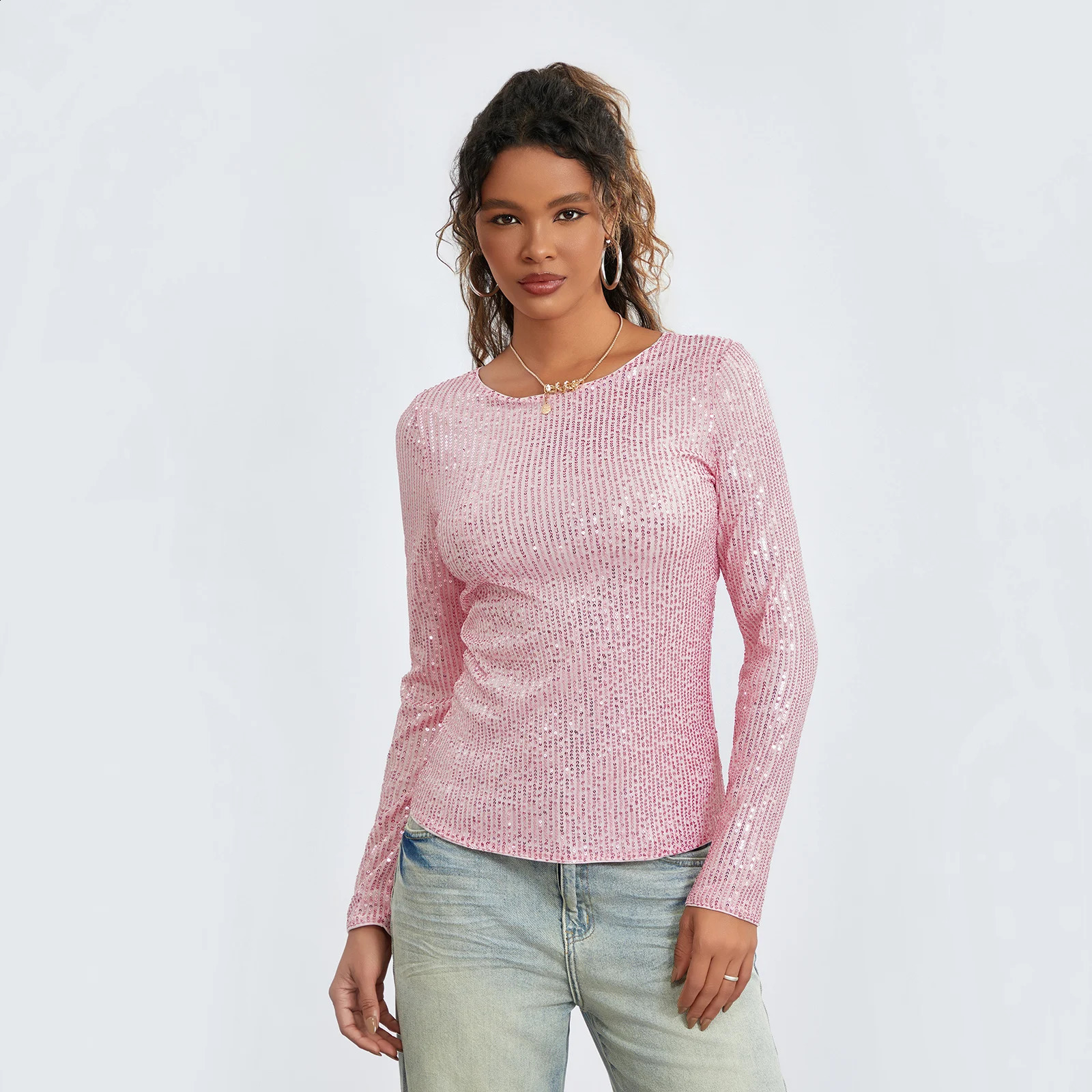 Women Spring Fall Long Sleeve Cropped Tops Sequins Basic T-shirt Casual Pullover for Club Streetwear Aesthetic Clothes 250324