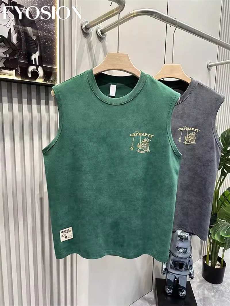 Mens sleeveless tank T-shirt for street fitness sports and leisure summer letter cartoon print top cotton round neck tee 4XL X250324