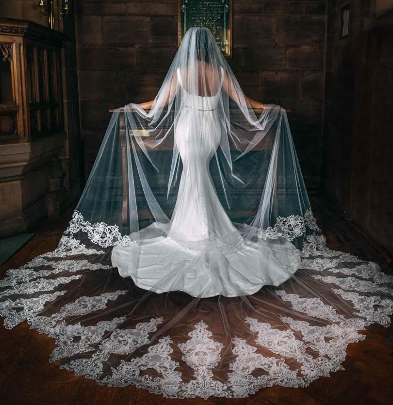 Wedding Veils With Lace Applique Cut Edge Long Cathedral Length One Layer Tulle Custom Made Bridal Veil Accessories