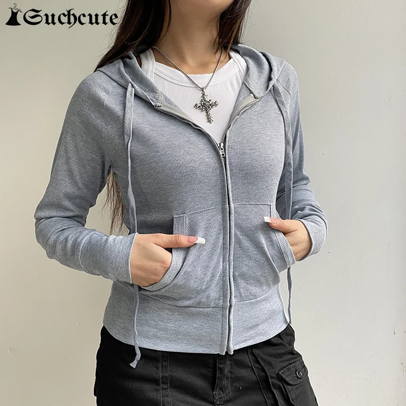 SUCHCUTE Vintage Zipper Hoodies Women Grunge Solid Color Y2k Aesthetic Ribbed Sweatshirt Autumn Hooded Harajuku Casual Pullovers 250324