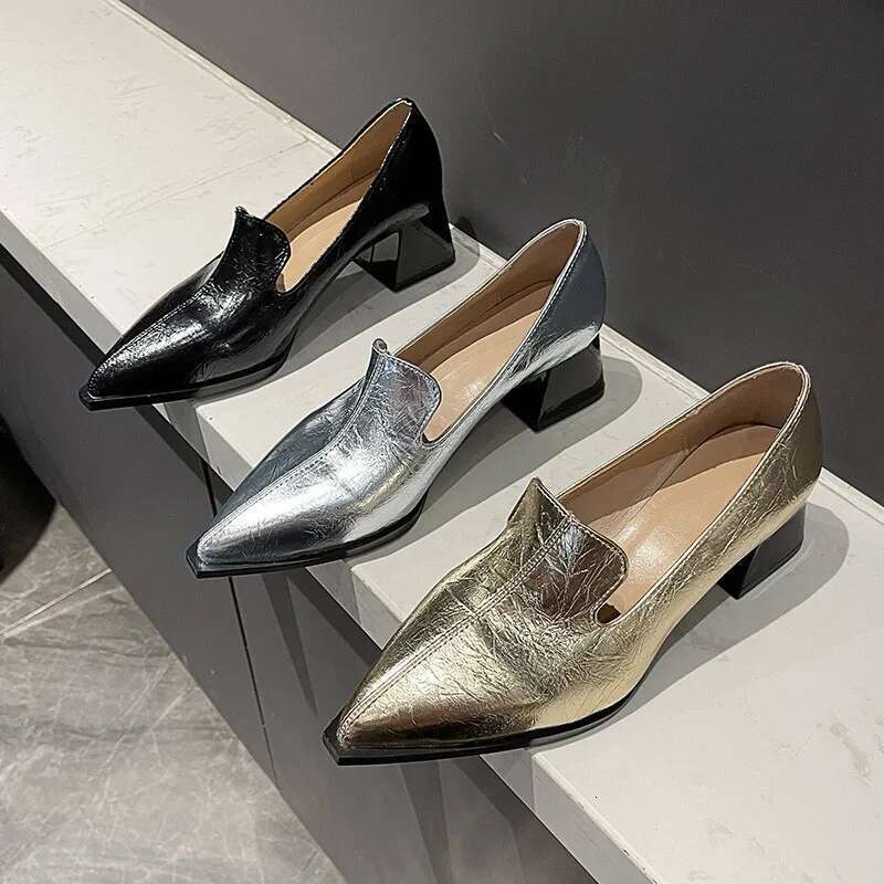 Women Mid-heeled Loafers Fashion Casual Office Shallow Solid Color Elegant Dress Pumps 2025 New Trendy Pointed Toe Leather Shoes